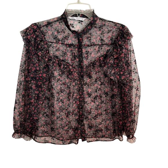 ZARA Black Floral Sheer Ruffle Trim Blouse Size Small – Romantic Feminine - Picture 1 of 9
